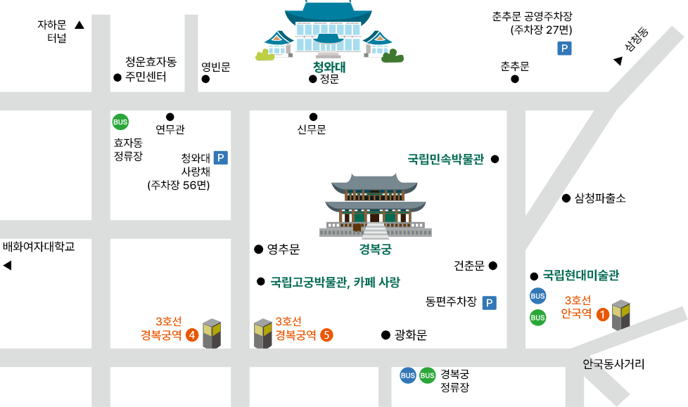 청와대 찾아오시는 길 지도 이미지입니다. 찾아오시는 방법은 아래 내용을 참조해주세요. 지도 내 표시된 장소에 대한 정보는 다음과 같습니다.